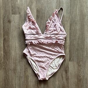 J.Crew Scalloped Ruffle Plunge One-Piece Swimsuit Pink Eyelet Size 12